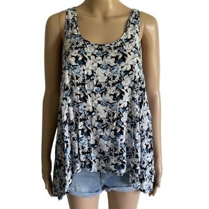 Lorimer Blue & Black Floral Crewneck Sleeveless Open Back Flowy Tank Top